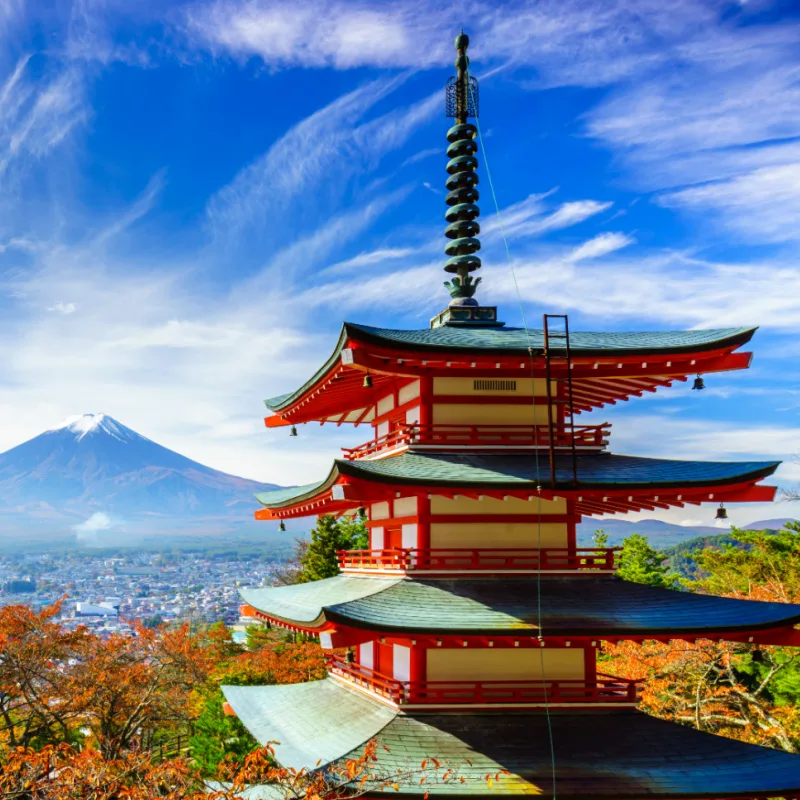 Mt. Fuji with red pagoda in autumn, Fujiyoshida, Japan. 