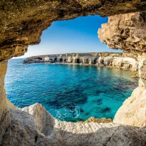 The Mediterranean Sea Seen From Inside A Sea Cave As If Framed By It, Cyprus, Southeastern Europe, Western Asia