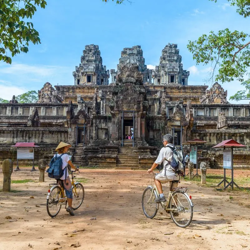 Tourists in front of temple in cambodia