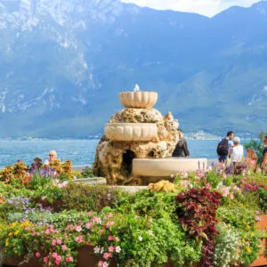 Waterfront Fountain In Beautiful Village, Limone, Southern Lake Garda, Italy, Southern Europe