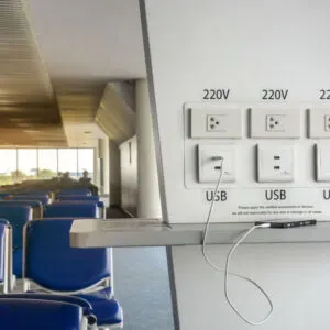a phone is plugged into a public USB charging station at the airport