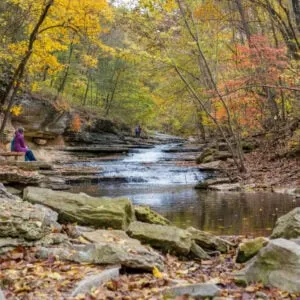 A small river with a rocky bank in Arkansas with fall foliage