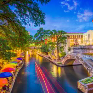 Aerial view of the San Antonio River Walk at dusk