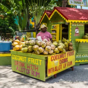 a coconut stand in Jamaica sells coconuts with rum