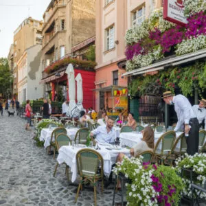 Cozy outdoor restaurant in Belgrade city center in summer, Serbia