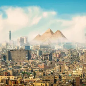 Panorama Of Cairo With The Pyramids Of Giza In The Background, Egypt, North Africa