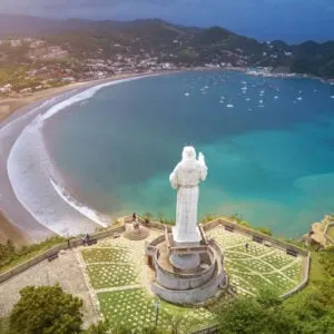 Tourist tour for jesus christ statue in Nicaragua. Above view on San juan del sur