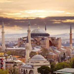 Aerial View Of Hagia Sophia, A Byzantine Cathedral Turned Mosque In Sultanahmet Square, In The Historical Peninsula Of Istanbul, Eastern Europe, Western Asia