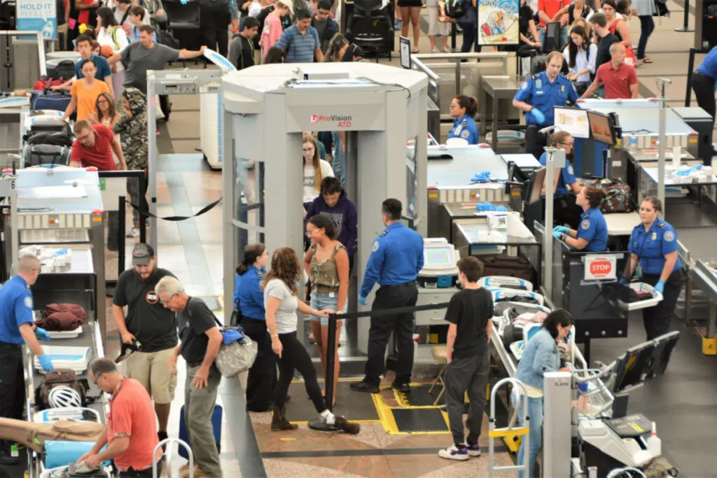 Busy Airport Security line with people