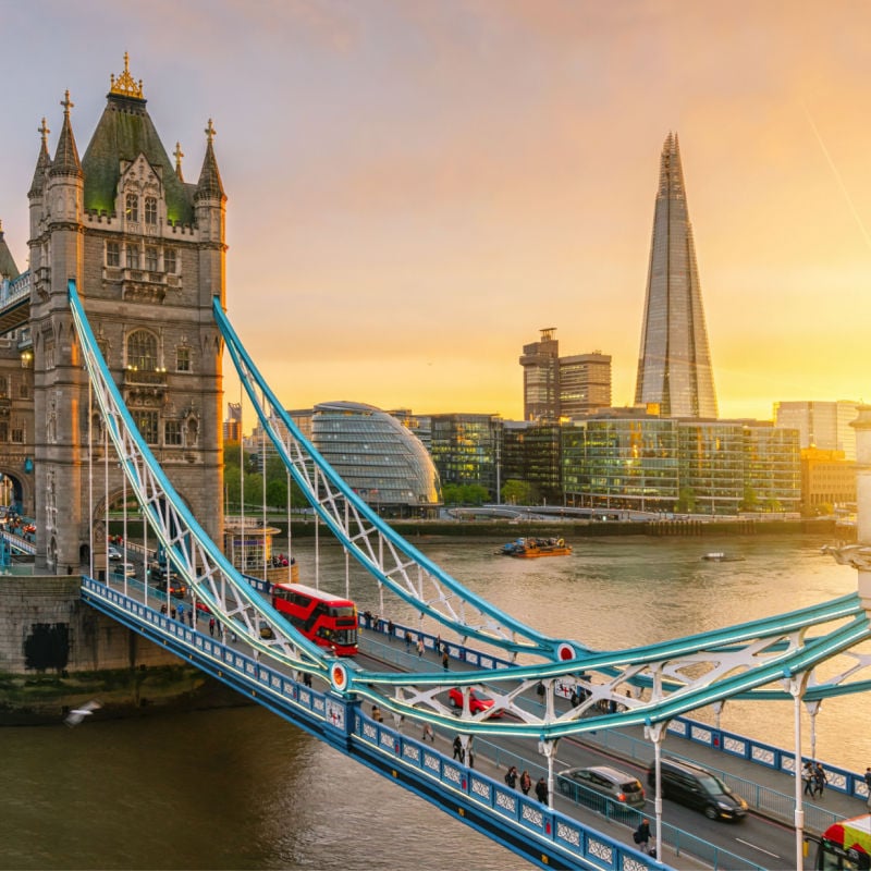 Tower Bridge and the River Thames, London, England.