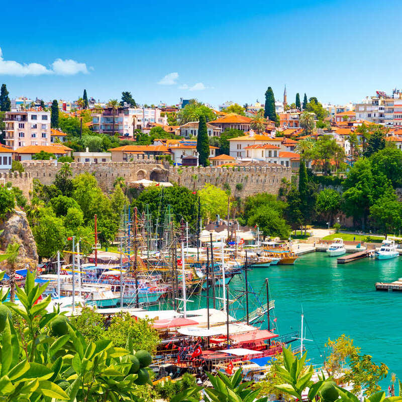 View Of The Old Marina In Antalya With The Kaleici Or Old Town Atop View Of The Old Marina In Antalya With The Kaleici Or Old Town Atop
