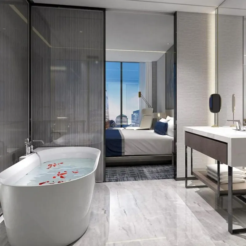 bathroom and bedroom of st. regis chicago