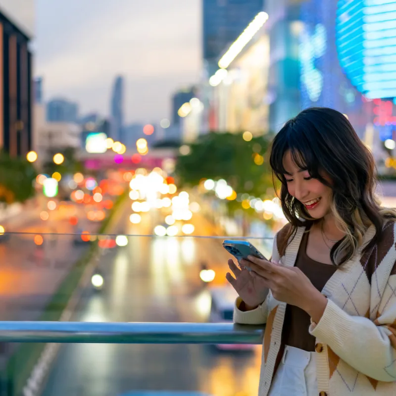 female traveler with phone