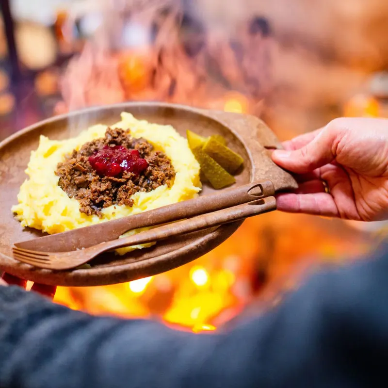 A plate of sauteed reindeer, a traditional dish in Finland. 