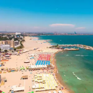 Aerial View Of The Beach Zone In Eforie Nord, A Resort Town On The Black Sea Coast Of Romania, Eastern Europe, Balkan Peninsula