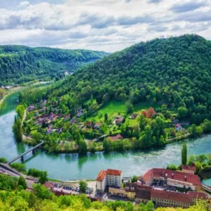 Aerial view to the old city from the citadel in Besancon of Bourgogne Franche Comte region in France