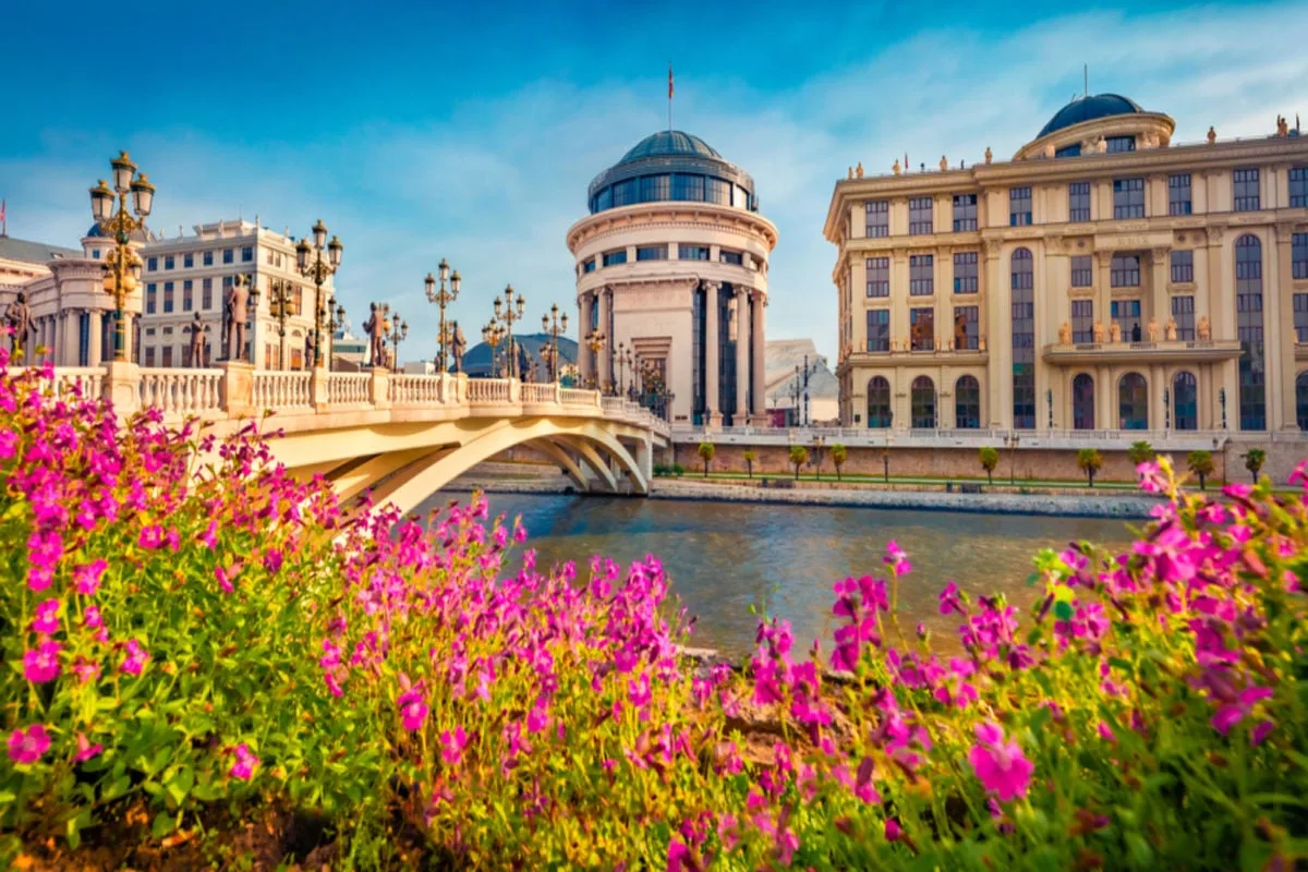 Blooming violet flowers on the shore of Vardar river. Exciting spring cityscape of capital of North Macedonia - Skopje