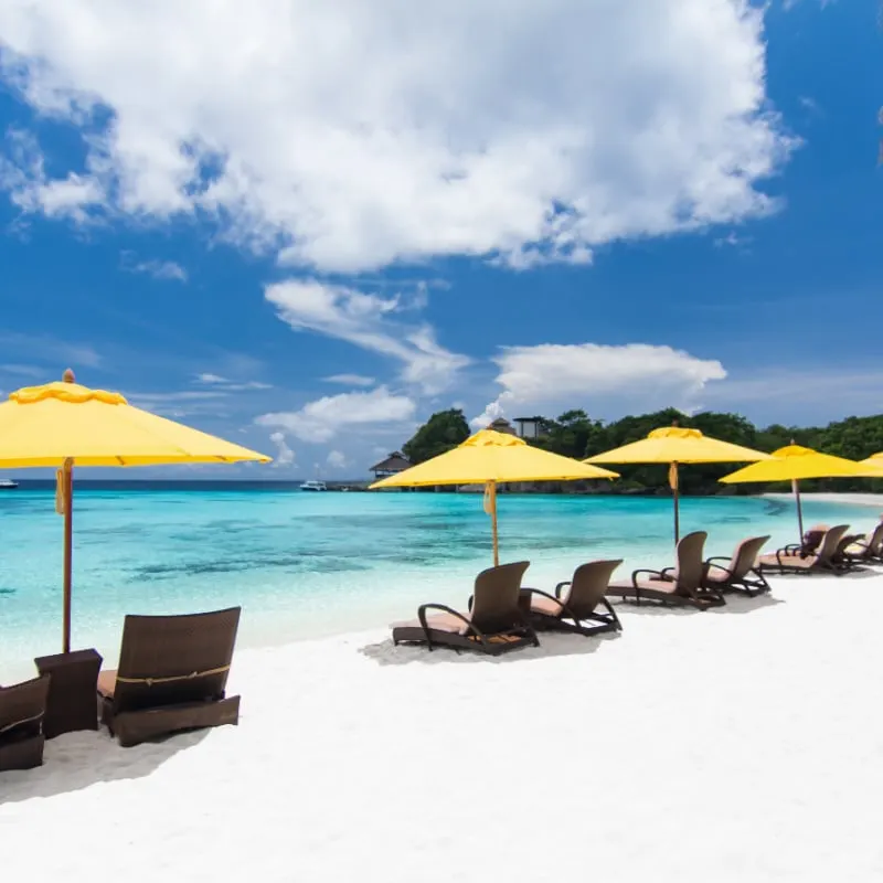 Sun umbrellas and chairs on tropical beach.