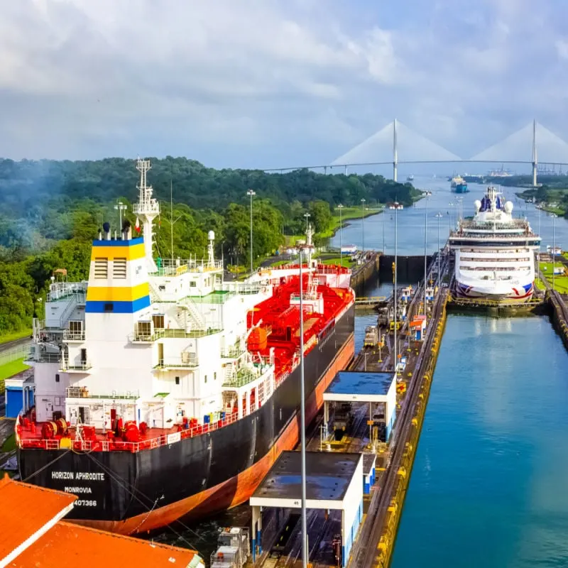 A cargo ship going into the Miraflores Locks into the Panama Canal, in Panama