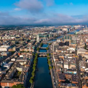 Aerial Drone Shot Of Dublin's Cityscape, With The Historical River Liffey Cutting Across The City Center, Ireland, Europe