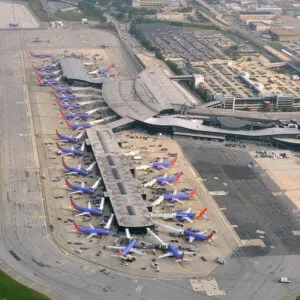 Aerial view of Baltimore Washington International Airport shows taxiway
