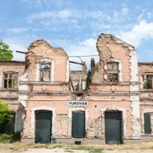 Ruined Vukovar Train Station, A Remnant Of The Yugoslav Wars Of The 1990s In North Eastern Croatia, Balkan Peninsula Of Europe