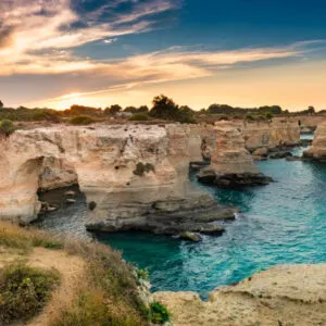 seascape with cliffs rocky arch and stacks at Torre Sant Andrea, Puglia Italy
