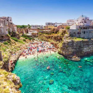Aerial View Of Polignano a Mare, A Whitewashed Historical Town In Puglia, Southeastern Italy, Southern Europe, Mediterranean Europe, Adriatic Sea