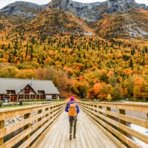 Autumn nature hiker girl walking