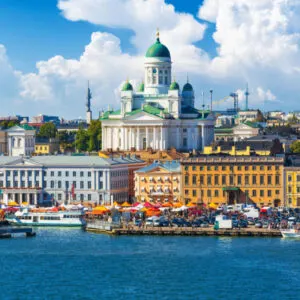Scenic summer panorama of the Market Square (Kauppatori) at the Old Town pier in Helsinki, Finland copy