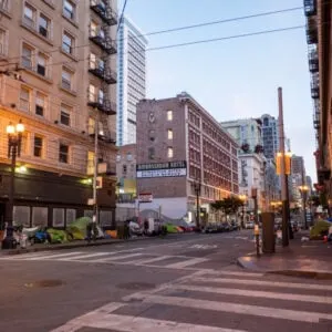 Tents on the sidewalk in the Tenderloin district San Francisco