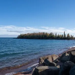 lake with a rocky shore