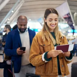 woman and man queuing in airport with passports