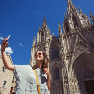 woman taking a selfie in Barcelona, Spain