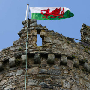 A Welsh Flag Flying Atop A Pole In Harlech Castle, North Wales, United Kingdom, North Western Europe
