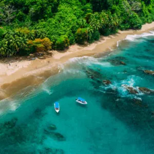Aerial Drone View of a tropical island with lush jungle in Costa Rica, Isla del Caño