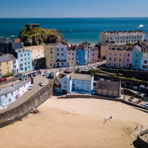 Aerial View Of A Colorful Coastal Village In Wales, United Kingdom, North Western Europe