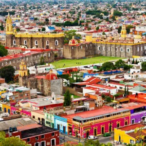 Aerial View Of The Colorful Colonial Cholula, A Small City Part Of The Puebla Metropolitan Area In The Puebla State In Central Mexico, Latin america