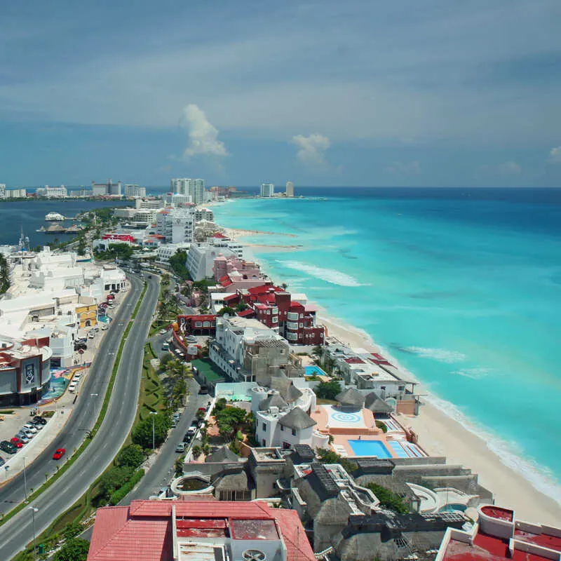 Aerial View Of The Resort Zone In Cancun, A City On The Mexican Caribbean, Quintana Roo, Mexico