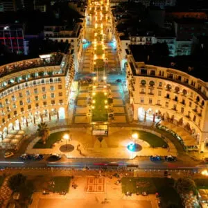 Aerial drone night shot of Aristotelous square in the heart of Thessaloniki, Greece