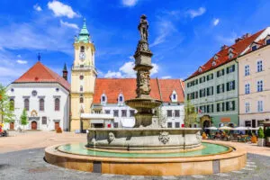 Bratislava, Slovakia. View of Bratislava main square with the city hall in the background.