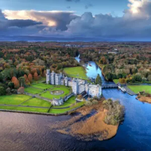 Luxury Ashford castle and gardens from above drone Co. Mayo Ireland
