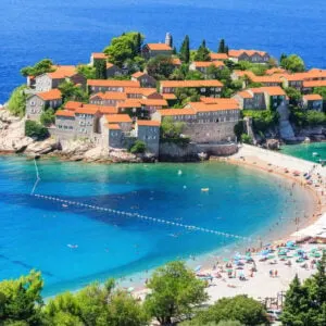 Panoramic View Of The Sveti Stefan Island Resort, Sveti Stefan, Near Budva, Montenegro, Western Balkans Region Of South Eastern Europe, On The Adriatic Section Of The Mediterranean Sea