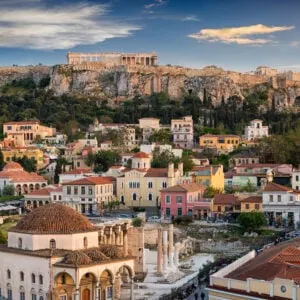 old town of Athens and the Parthenon Temple of the Acropolis during sunset