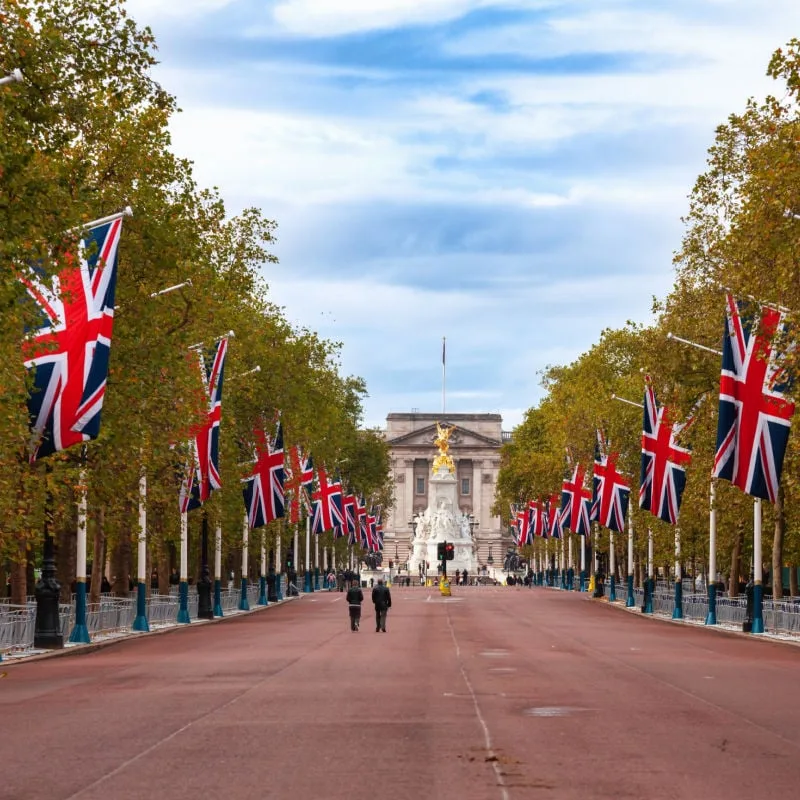 row of UK flags near Buckingham Palace