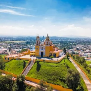View of church in Peubla, Mexico from above