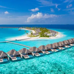 aerial view of overwater villas in the Maldives