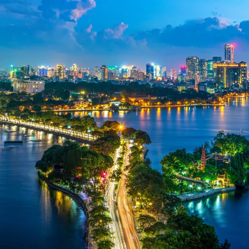 Aerial view of Hanoi skyline with Thanh Nien street at West Lake.