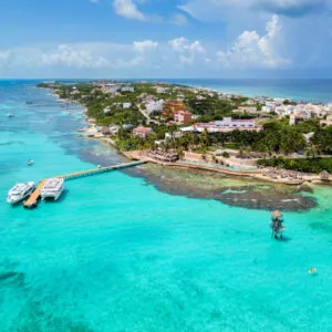 An aerial view of Isla Mujeres in Cancun, Mexico