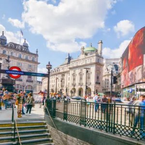 LONDON, Wide angle view of Piccadilly Circus- a famous London landmark in London&rsquo;s West End